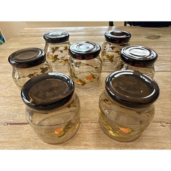 Vintage Set of 7 Amber Juice Glasses Painted Floral Blossoms MCM Mid Century - Picture 3 of 6